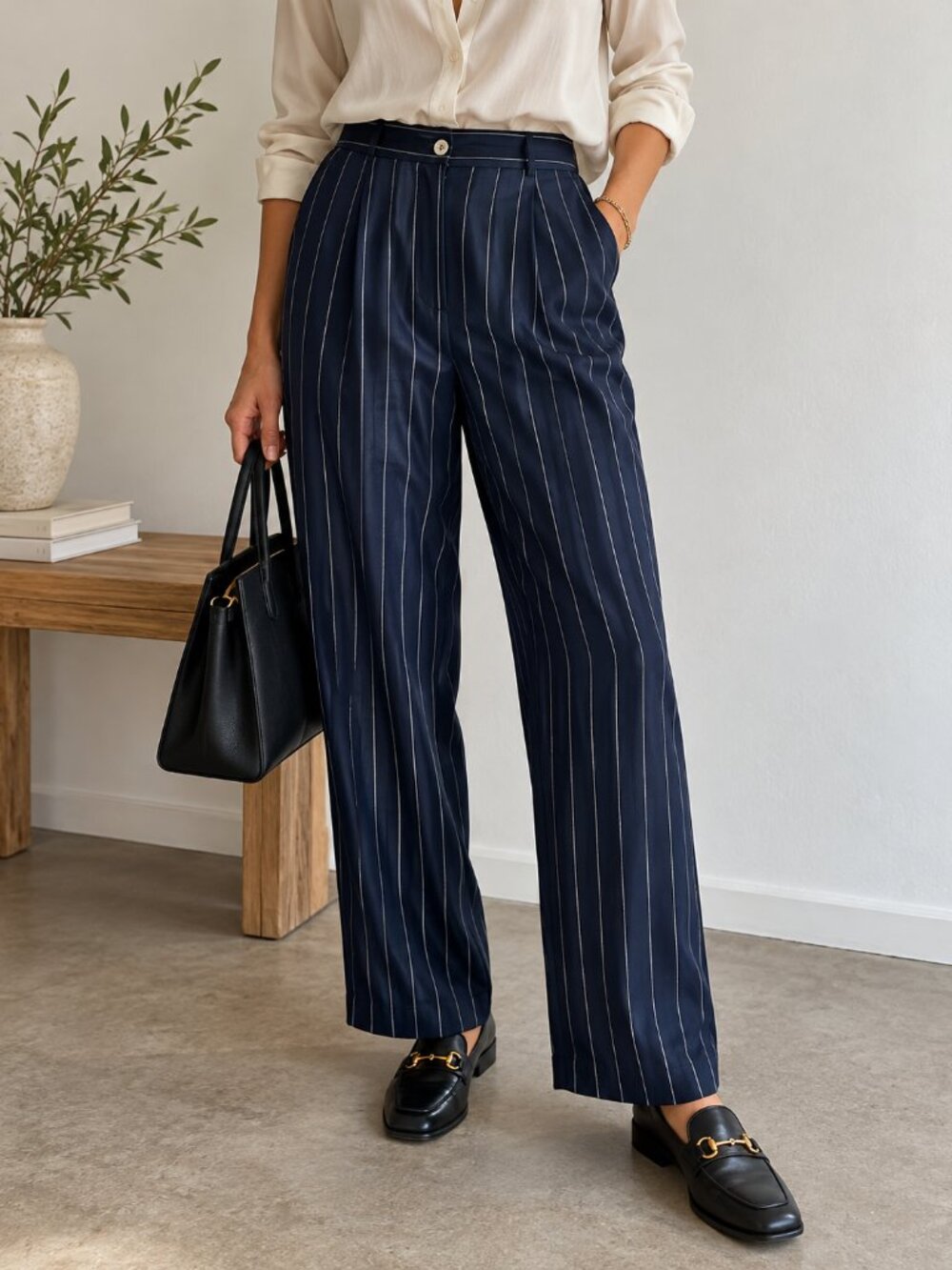 Vintage 90s Jones & Co 100% Silk Navy Pinstripe Trousers Pants Size 10